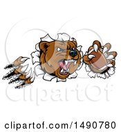 Poster, Art Print Of Vicious Aggressive Bear Mascot Slashing Through A Wall With A Football In A Paw