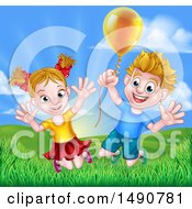 Poster, Art Print Of Cartoon Happy Excited Blond Caucasian Boy And Girl Jumping Outdoors With A Balloon