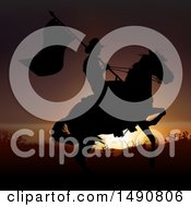 Clipart Of A Silhouetted Horseback Cowboy With A Flag Against A Sunset Royalty Free Vector Illustration