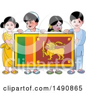 Group Of Happy Sri Lankan Children Holding A Flag
