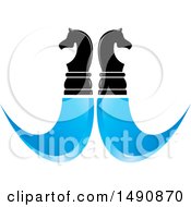 Poster, Art Print Of Mirrored Knight Chess Piece And Blue Swooshes Design