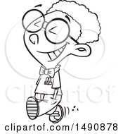 Clipart Of A Cartoon Black And White Happy Young African American Nerd Boy Walking Royalty Free Vector Illustration