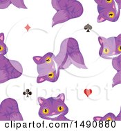 Seamless Pattern Of Grinning Purple Cheshire Cats And Card Suit Symbols