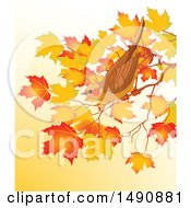 Poster, Art Print Of Bird Perched On An Autumn Branch Over Gradient