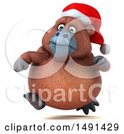 Clipart Of A 3d Orangutan Monkey Wearing A Santa Hat And Running On A White Background Royalty Free Illustration by Julos