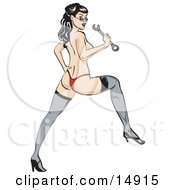 Sexy Topless Brunette Woman In A Red Thong Stockings And Heels Looking Back Over Her Shoulder And Holding A Wrench And Stradling Something Invisible Clipart Illustration