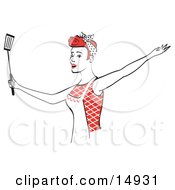 Happy Red Haired Housewife Wearing An Apron And Dancing With A Spatula While Singing Clipart Illustration