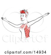 Red Haired Housewife Or Maid Woman Singing And Dancing While Wearing An Apron Clipart Illustration