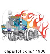Tough Big Rig Hot Rod Truck Flaming And Smoking Its Rear Tires Doing A Burnout In Flames And A Wheelie Clipart Illustration