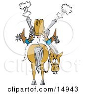 Nervous Buck Toothed Horse Looking Back At A Crazy Cowboy That Is Sitting On His Back And Shooting Two Pistils Clipart Illustration
