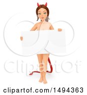 Clipart Of A 3d Nude Devil Woman Holding A Blank Sign On A White Background Royalty Free Illustration