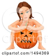 Clipart Of A 3d Nude Woman Sitting With A Halloween Jackolantern Pumpkin On A White Background Royalty Free Illustration by Texelart
