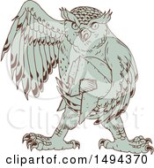 Poster, Art Print Of Sketched Great Horned Owl Holding A Spartan Helmet