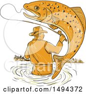 Poster, Art Print Of Sketched Fly Fisherman Reeling In A Trout Fish