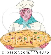 Clipart Of A Zombie Chef Holding A Giant Pizza In Grime Art Style Royalty Free Vector Illustration by patrimonio
