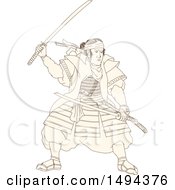 Poster, Art Print Of Sketched Samurai Warrior Fighting With A Katana Sword