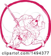 Clipart Of A Sketched Scene Of Samurai Warriors Jui Jitsu Fighting Royalty Free Vector Illustration by patrimonio