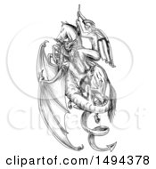 Poster, Art Print Of Scene Of St George Riding A Horse And Killing A Dragon In Tattoo Sketched Style On A White Background