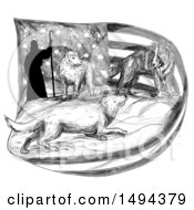 Clipart Of A Sheepdog Protecting A Lamb And Shepherd From A Wolf Over An American Flag In Tattoo Sketched Style On A White Background Royalty Free Illustration