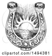 Poster, Art Print Of Horseshoe With Shining Sun And Sea In The Middle In Tattoo Sketched Style On A White Background