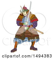 Poster, Art Print Of Japanese Samurai Warrior In Woodcut Style On A White Background
