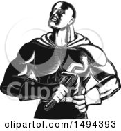 Clipart Of A Super Plumber Holding A Monkey Wrench Royalty Free Vector Illustration