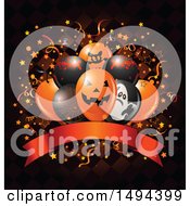 Poster, Art Print Of Halloween Party Balloon Bouquet Over A Banner And Checkers With Confetti