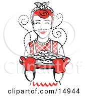 Poster, Art Print Of Red Haired Housewife Wearing An Apron And Oven Gloves Smelling Fresh Hot Chocolate Chip Cookies Right Out Of The Oven