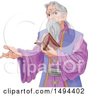 Poster, Art Print Of Gray Haired Wizard Presenting And Reading A Book