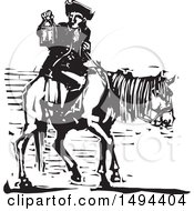 Poster, Art Print Of Colonial Man Holding A Lantern On Horseback Black And White Woodcut