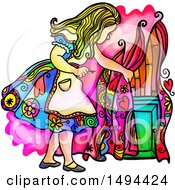 Poster, Art Print Of Watercolor Styled Alice In Wonderland Discovering A Door Behind A Curtain On A White Background