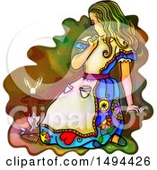Poster, Art Print Of Watercolor Styled Alice In Wonderland Scaring The Rabbit On A White Background