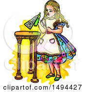 Watercolor Styled Alice In Wonderland Holding A Potion With A Drink Me Label On A White Background