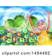 Clipart Of A Watercolor Happy Boy With Flowers Royalty Free Illustration