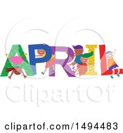 Poster, Art Print Of Group Of Children Playing In The Colorful Word For The Month Of April