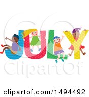 Poster, Art Print Of Group Of Children Playing In The Colorful Word For The Month Of July