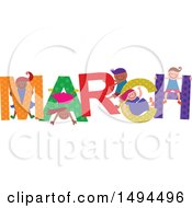 Clipart Of A Group Of Children Playing In The Colorful Word For The Month Of March Royalty Free Vector Illustration by Prawny