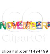 Poster, Art Print Of Group Of Children Playing In The Colorful Word For The Month Of November