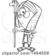 Clipart Of A Cartoon Black And White Pharaoh Boy Holding A Snake Staff Royalty Free Vector Illustration by toonaday