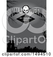 Poster, Art Print Of Cracked Skull And Halloween Text Over A Silhouetted Cemetery With Bats
