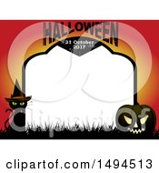 Poster, Art Print Of Halloween And Date Tombstone Border With A Witch Cat And Jackolantern