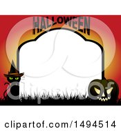 Poster, Art Print Of Halloween Tombstone Border With A Witch Cat And Jackolantern