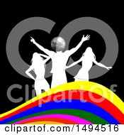 Poster, Art Print Of Silver Disco Ball Silhouetted Man And Women Dancing Over A Colorful Wave On Black