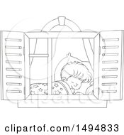 Poster, Art Print Of Black And White Window Framing A Boy Sleeping