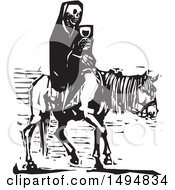 Clipart Of A Skeleton Of Death On A Horse In Black And White Woodcut Style Royalty Free Vector Illustration