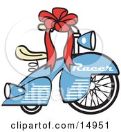 Brand New Blue Racer Tricycle Bike With A Red Ribbon In The Handlebars Retro Clipart Illustration by Andy Nortnik