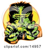 Male Werewolf Showing Fangs And Talons While Cast In Green And Yellow Lighting Clipart Illustration