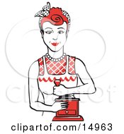 Red Haired Housewife Or Maid Woman Facing Front And Smiling While Using A Manual Coffee Grinder