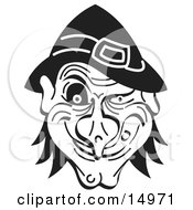 Evil Warty Halloween Witchs Face Grinning Black And White Clipart Illustration