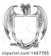 Clipart Of A Black And White Dragon Behind A Shield Royalty Free Vector Illustration